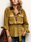 Women's Retro Faux Suede Color Block Collar Belt Long-Sleeved Shirt ZMZ2162J4SWL