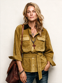 Women's Retro Faux Suede Color Block Collar Belt Long-Sleeved Shirt ZMZ2162J4SWL