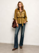 Women's Retro Faux Suede Color Block Collar Belt Long-Sleeved Shirt ZMZ2162J4SWL