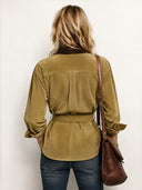 Women's Retro Faux Suede Color Block Collar Belt Long-Sleeved Shirt ZMZ2162J4SWL