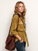 Women's Retro Faux Suede Color Block Collar Belt Long-Sleeved Shirt ZMZ2162J4SWL