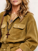 Women's Retro Faux Suede Color Block Collar Belt Long-Sleeved Shirt ZMZ2162J4SWL