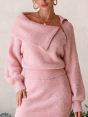 Women's Fuzzy Knit Asymmetric Zip Fold-Over Collar Sweater ZMZ2131J6YZH