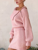 Women's Fuzzy Knit Asymmetric Zip Fold-Over Collar Sweater ZMZ2131J6YZH
