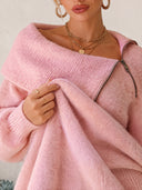 Women's Fuzzy Knit Asymmetric Zip Fold-Over Collar Sweater ZMZ2131J6YZH