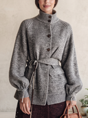 Women's Marl Rib-Knit Belted Cardigan With Funnel Neck And Balloon Sleeves ZMZ2132J1YZH