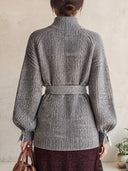 Women's Marl Rib-Knit Belted Cardigan With Funnel Neck And Balloon Sleeves ZMZ2132J1YZH