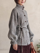 Women's Marl Rib-Knit Belted Cardigan With Funnel Neck And Balloon Sleeves ZMZ2132J1YZH