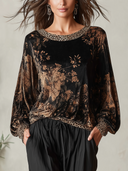 Women's Velvet-Look Floral Pullover Top With Leopard Trim, Loose Wide Sleeve Boat Neck Blouse ZMZ2115J2YZH