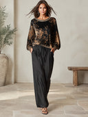 Women's Velvet-Look Floral Pullover Top With Leopard Trim, Loose Wide Sleeve Boat Neck Blouse ZMZ2115J2YZH
