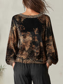Women's Velvet-Look Floral Pullover Top With Leopard Trim, Loose Wide Sleeve Boat Neck Blouse ZMZ2115J2YZH