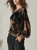 Women's Velvet-Look Floral Pullover Top With Leopard Trim, Loose Wide Sleeve Boat Neck Blouse ZMZ2115J2YZH