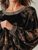 Women's Velvet-Look Floral Pullover Top With Leopard Trim, Loose Wide Sleeve Boat Neck Blouse ZMZ2115J2YZH