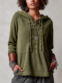 Women's Ribbed Knit Hooded Pullover With Lace-Up Front And Contrast Cuffs ZMZ2147J1YZH