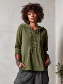 Women's Ribbed Knit Hooded Pullover With Lace-Up Front And Contrast Cuffs ZMZ2147J1YZH