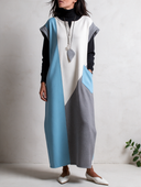 Women's Colorblock Sleeveless Maxi Dress – Light Blue, White & Gray Geometric Panels, Zip Neck, Cap Sleeves With Pocket ZMZ2179J9YZH