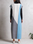 Women's Colorblock Sleeveless Maxi Dress – Light Blue, White & Gray Geometric Panels, Zip Neck, Cap Sleeves With Pocket ZMZ2179J9YZH