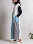 Women's Colorblock Sleeveless Maxi Dress – Light Blue, White & Gray Geometric Panels, Zip Neck, Cap Sleeves With Pocket ZMZ2179J9YZH