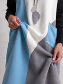 Women's Colorblock Sleeveless Maxi Dress – Light Blue, White & Gray Geometric Panels, Zip Neck, Cap Sleeves With Pocket ZMZ2179J9YZH