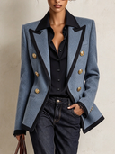 Women's Retro Casual Blue Double-Breasted Blazer ZMZ2140J8XT