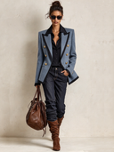 Women's Retro Casual Blue Double-Breasted Blazer ZMZ2140J8XT