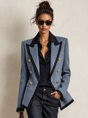 Women's Retro Casual Blue Double-Breasted Blazer ZMZ2140J8XT