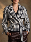 Women’s Black And White Houndstooth Double-Breasted Short Trench Jacket ZMZ2192J3XT