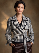 Women’s Black And White Houndstooth Double-Breasted Short Trench Jacket ZMZ2192J3XT