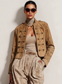Women's Solid Color Faux Suede Brown Short Military Style Jacket ZMZ2116J3XT