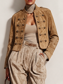 Women's Solid Color Faux Suede Brown Short Military Style Jacket ZMZ2116J3XT