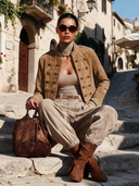 Women's Solid Color Faux Suede Brown Short Military Style Jacket ZMZ2116J3XT