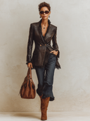Women’s Vintage Dark Brown Faux-leather Double-breasted Blazer ZMZ2049J6XT