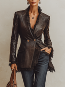 Women’s Vintage Dark Brown Faux-leather Double-breasted Blazer ZMZ2049J6XT