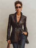 Women’s Vintage Dark Brown Faux-leather Double-breasted Blazer ZMZ2049J6XT
