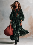 Women's Elegant Vintage Style Dark Green Velvet Floral Maxi Dress With Balloon Sleeves And Tiered Skirt ZMZ2122J1ZYY