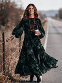 Women's Elegant Vintage Style Dark Green Velvet Floral Maxi Dress With Balloon Sleeves And Tiered Skirt ZMZ2122J1ZYY