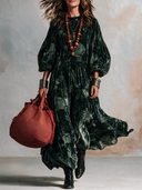 Women's Elegant Vintage Style Dark Green Velvet Floral Maxi Dress With Balloon Sleeves And Tiered Skirt ZMZ2122J1ZYY