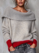 Women's Casual Mohair Color-blocked Collar Off-shoulder Sweater ZMZ2233J8XT