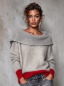 Women's Casual Mohair Color-blocked Collar Off-shoulder Sweater ZMZ2233J8XT