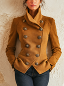 Women’s Vintage-style Casual Brown Double-breasted Stand-collar Jacket ZMZ2251J1XT
