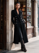 Women's Black Long Military Style Double-Breasted Blended Coat ZMZ2206J5XT