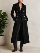 Women's Black Long Military Style Double-Breasted Blended Coat ZMZ2206J5XT