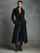 Women's Black Long Military Style Double-Breasted Blended Coat ZMZ2206J5XT