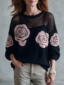 Women’s French-inspired Elegance Black Open-Knit Crew Neck Pullover Sweater With Pink Rose , Oversized Long Sleeve ZMZ2153J5ZYY