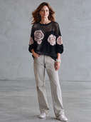Women’s French-inspired Elegance Black Open-Knit Crew Neck Pullover Sweater With Pink Rose , Oversized Long Sleeve ZMZ2153J5ZYY
