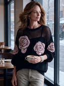 Women’s French-inspired Elegance Black Open-Knit Crew Neck Pullover Sweater With Pink Rose , Oversized Long Sleeve ZMZ2153J5ZYY