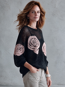 Women’s French-inspired Elegance Black Open-Knit Crew Neck Pullover Sweater With Pink Rose , Oversized Long Sleeve ZMZ2153J5ZYY