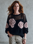 Women’s French-inspired Elegance Black Open-Knit Crew Neck Pullover Sweater With Pink Rose , Oversized Long Sleeve ZMZ2153J5ZYY