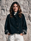 Women’s American Retro Casual Style Black Faux Suede Button-Front Jacket With Embroidery Cuff Trim ZMZ2168J3ZYY