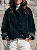 Women’s American Retro Casual Style Black Faux Suede Button-Front Jacket With Embroidery Cuff Trim ZMZ2168J3ZYY